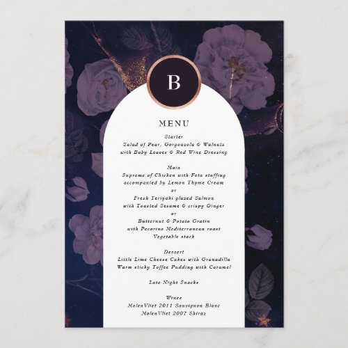 Modern Dark Boho Floral Arch Rose Gold Wedding Menu