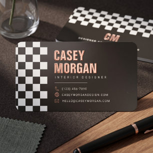 Modern Dark Brown Checkered Foil Business Cards