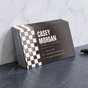 Modern Dark Brown Checkered Raised Spot UV Business Card