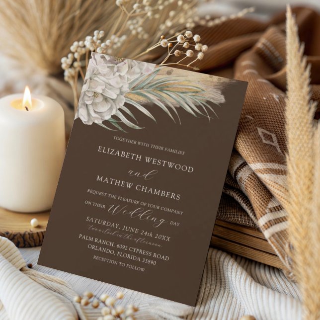 Modern Dark Brown Floral & Palm Wedding Invitation (Creator Uploaded)