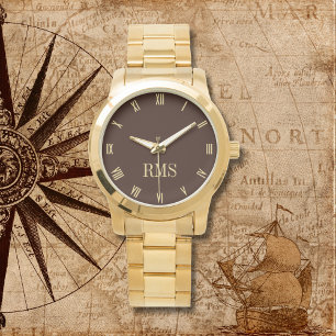 Modern Dark Brown Monogram Oversized Gold Bracelet Watch