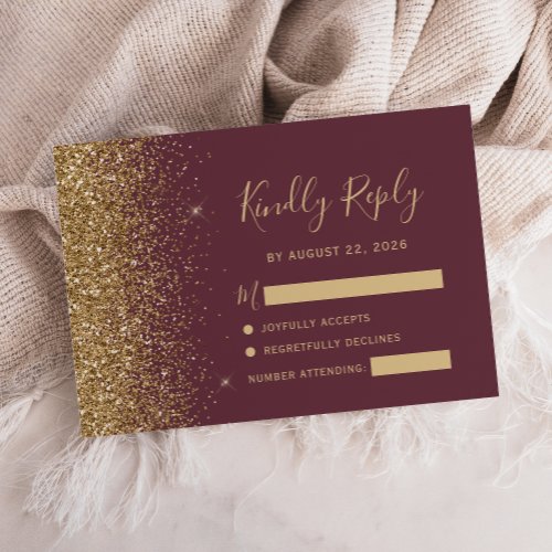 Modern Dark Burgundy Gold Faux Glitter Edge RSVP Card