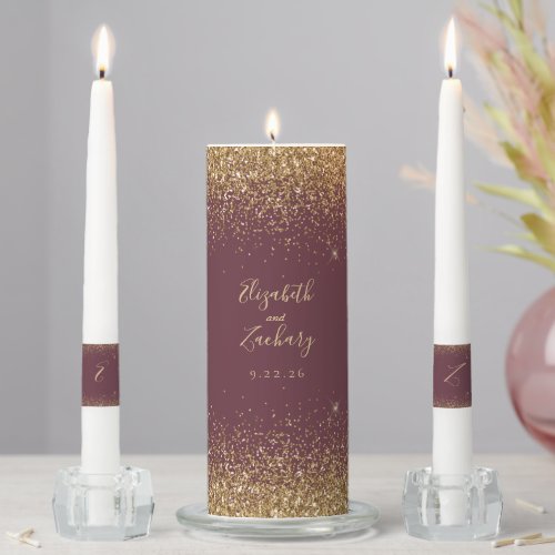 Modern Dark Burgundy Gold Faux Glitter Edge Unity Candle Set