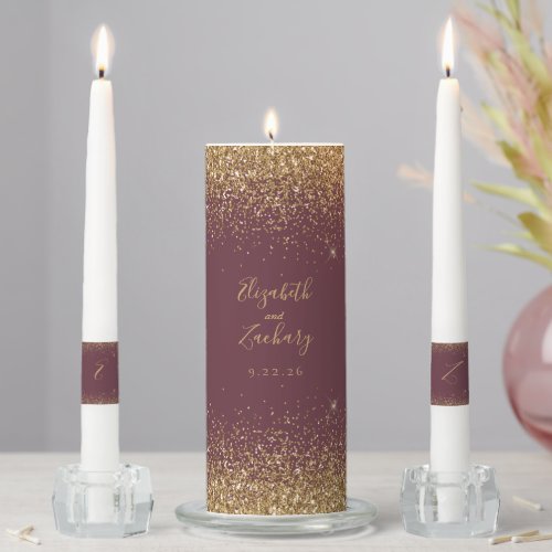 Modern Dark Burgundy Gold Faux Glitter Edge Unity Candle Set