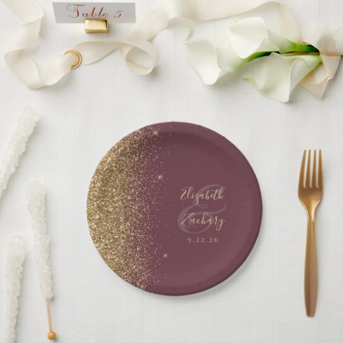 Modern Dark Burgundy Gold Glitter Edge Wedding Paper Plates