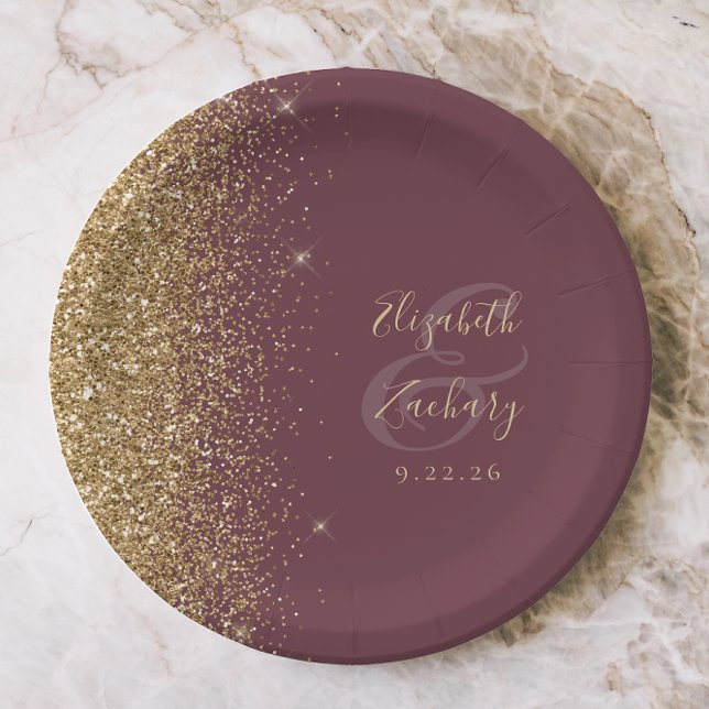 Modern Dark Burgundy Gold Glitter Edge Wedding Paper Plates (Creator Uploaded)