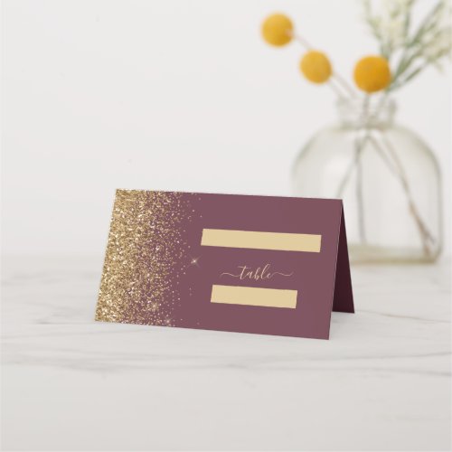 Modern Dark Burgundy Gold Glitter Edge Wedding Place Card