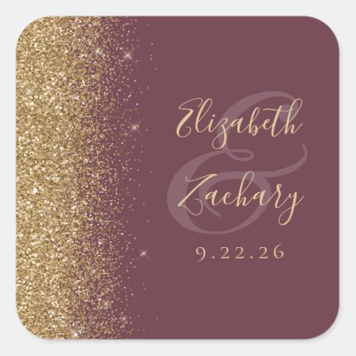 Modern Dark Burgundy Gold Glitter Edge Wedding Square Sticker