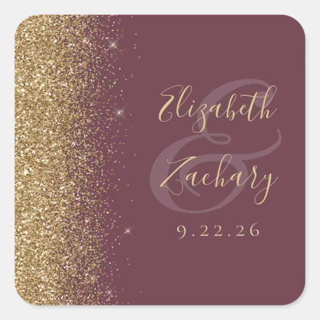 Modern Dark Burgundy Gold Glitter Edge Wedding Square Sticker (Front)