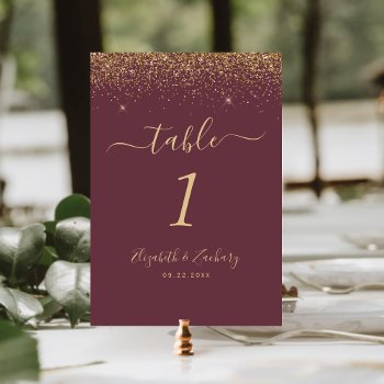 Modern Dark Burgundy Gold Glitter Edge Wedding Table Number by Wedding_Paper_Nest at Zazzle