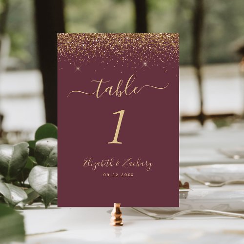 Modern Dark Burgundy Gold Glitter Edge Wedding Table Number