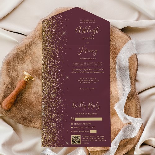 Modern Dark Burgundy Gold Glitter QR Code Wedding All In One Invitation