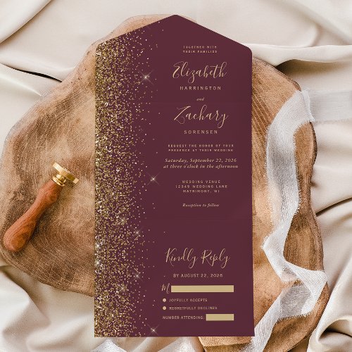 Modern Dark Burgundy Gold Glitter Wedding All In One Invitation