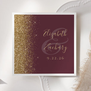 Modern Dark Burgundy Gold Glitter Wedding Napkins