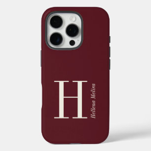 Modern Dark Burgundy Ivory Monogram Name iPhone 16 Pro Case
