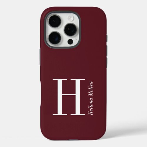 Modern Dark Burgundy Monogram Name iPhone 16 Pro Case