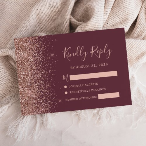 Modern Dark Burgundy Rose Gold Glitter Edge RSVP Card