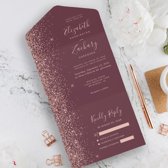 Modern Dark Burgundy Rose Gold Glitter Wedding All In One Invitation (Creator Uploaded)