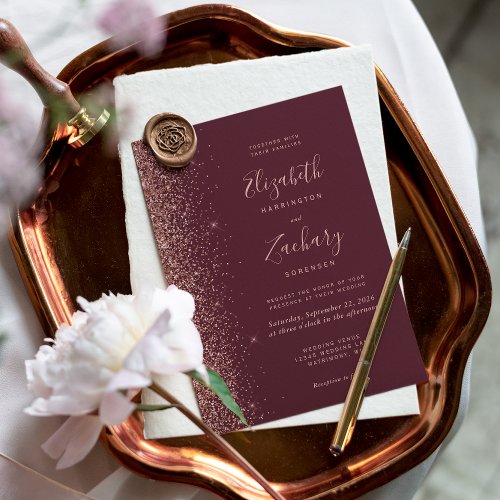 Modern Dark Burgundy Rose Gold Glitter Wedding Invitation