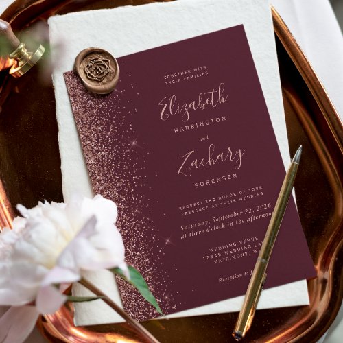 Modern Dark Burgundy Rose Gold Glitter Wedding Invitation