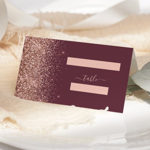 Modern Dark Burgundy Rose Gold Glitter Wedding Place Card