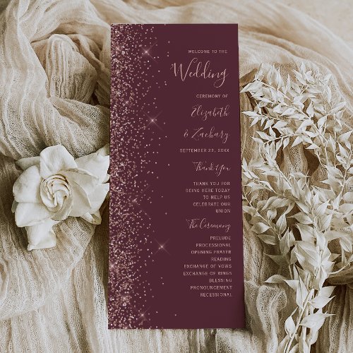 Modern Dark Burgundy Rose Gold Glitter Wedding Program