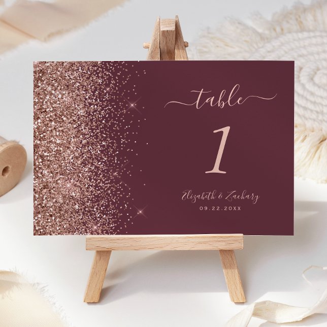 Modern Dark Burgundy Rose Gold Glitter Wedding Table Number (Creator Uploaded)