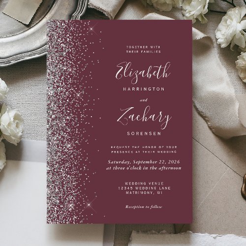 Modern Dark Burgundy Silver Glitter Edge Wedding Invitation