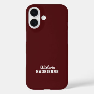Modern Dark Burgundy Sports Monogram Name iPhone 16 Case