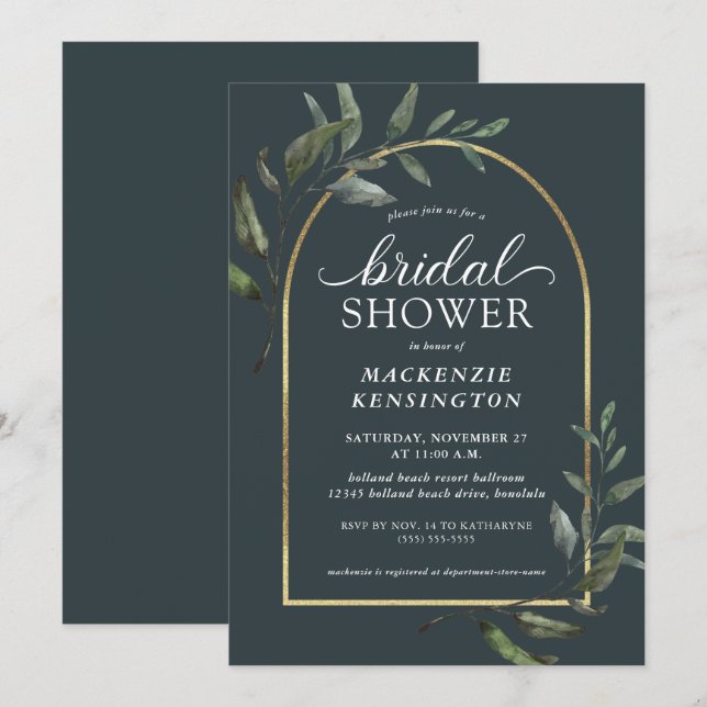 Modern Dark Eucalyptus Gold Arch Bridal Shower Invitation (Front/Back)