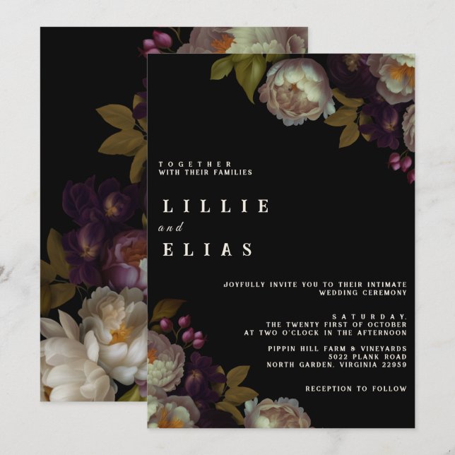 Modern Dark Floral | Moody Black and White Wedding Invitation (Front/Back)
