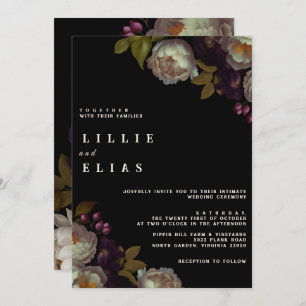 Modern Dark Floral Moody Black and White Wedding Invitation