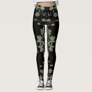 Modern Dark Floral Ornate Gray Gold Black Pattern Leggings