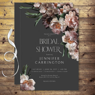 Modern Dark Flower Blossoms Black Bridal Shower Invitation