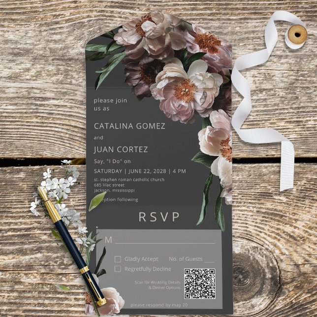 Modern Dark Flower Blossoms Black QR Code All In One Invitation (Also available without a QR code; with or without dinner selection options.)