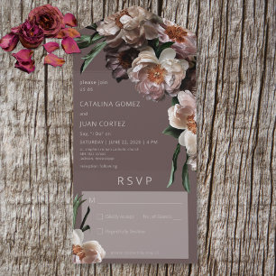 Modern Dark Flower Blossoms Brown No Dinner All In One Invitation