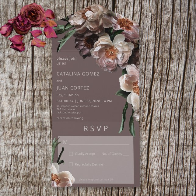 Modern Dark Flower Blossoms Brown No Dinner All In One Invitation (Also available with a QR code or with dinner selection options.)