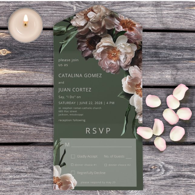 Modern Dark Flower Blossoms Green Dinner All In One Invitation (Also available with a QR code or without dinner selection options.)