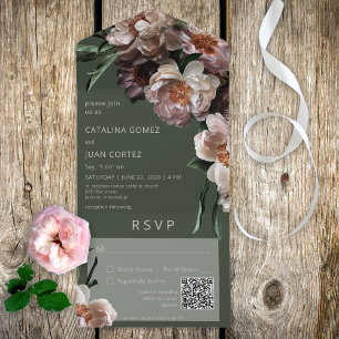Modern Dark Flower Blossoms Green QR Code All In One Invitation