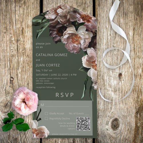 Modern Dark Flower Blossoms Green QR Code All In One Invitation