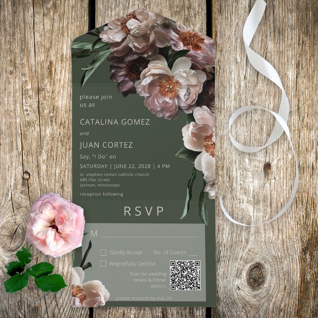 Modern Dark Flower Blossoms Green QR Code All In One Invitation (Also available without a QR code; with or without dinner selection options.)