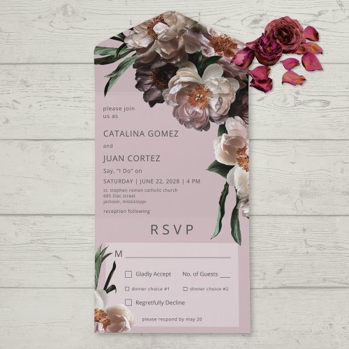 Modern Dark Flower Blossoms Soft Pink Dinner All In One Invitation