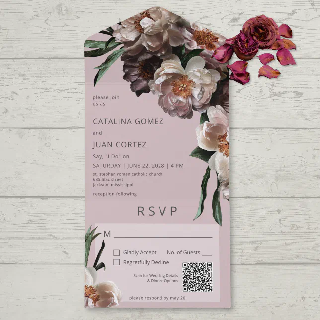 Modern Dark Flower Blossoms Soft Pink QR Code All In One Invitation ...
