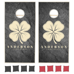 Modern Dark Granite Four Leaf Clover with Name Cornhole Set