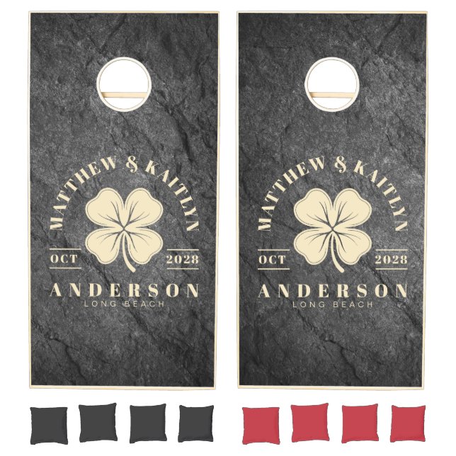 Modern Dark Granite Irish Clover Wedding Crest Cornhole Set (Set)