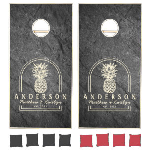 Modern Dark Granite Pineapple Wedding Arch & Name Cornhole Set