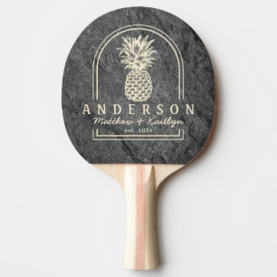 Modern Dark Granite Pineapple Wedding Arch & Name Ping Pong Paddle