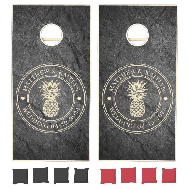 Modern Dark Granite Pineapple Wedding Crest & Name Cornhole Set (Set)