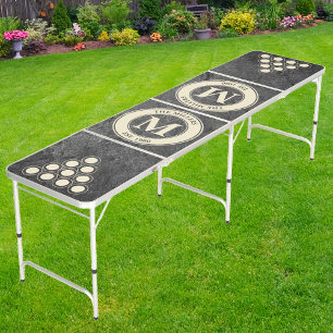 Modern Dark Granite Stone Family Monogram & Name Beer Pong Table