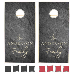 Modern Dark Granite Stone Hand Written Family Name Cornhole Set